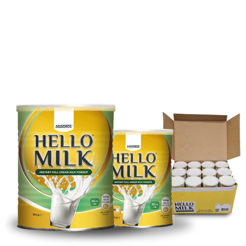 HELLO MILK - Nɔnɔ mugu min bɛ kɛ yɔrɔnin kelen - Box de 12 bidons (900g) .