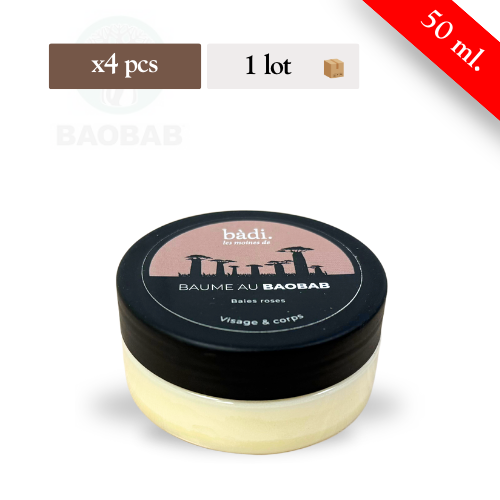 BADI - BAUME AU BAOBAB VISAGE ET CORPS - Senteur Baies Roses - Lot de 4 pots (50ml)